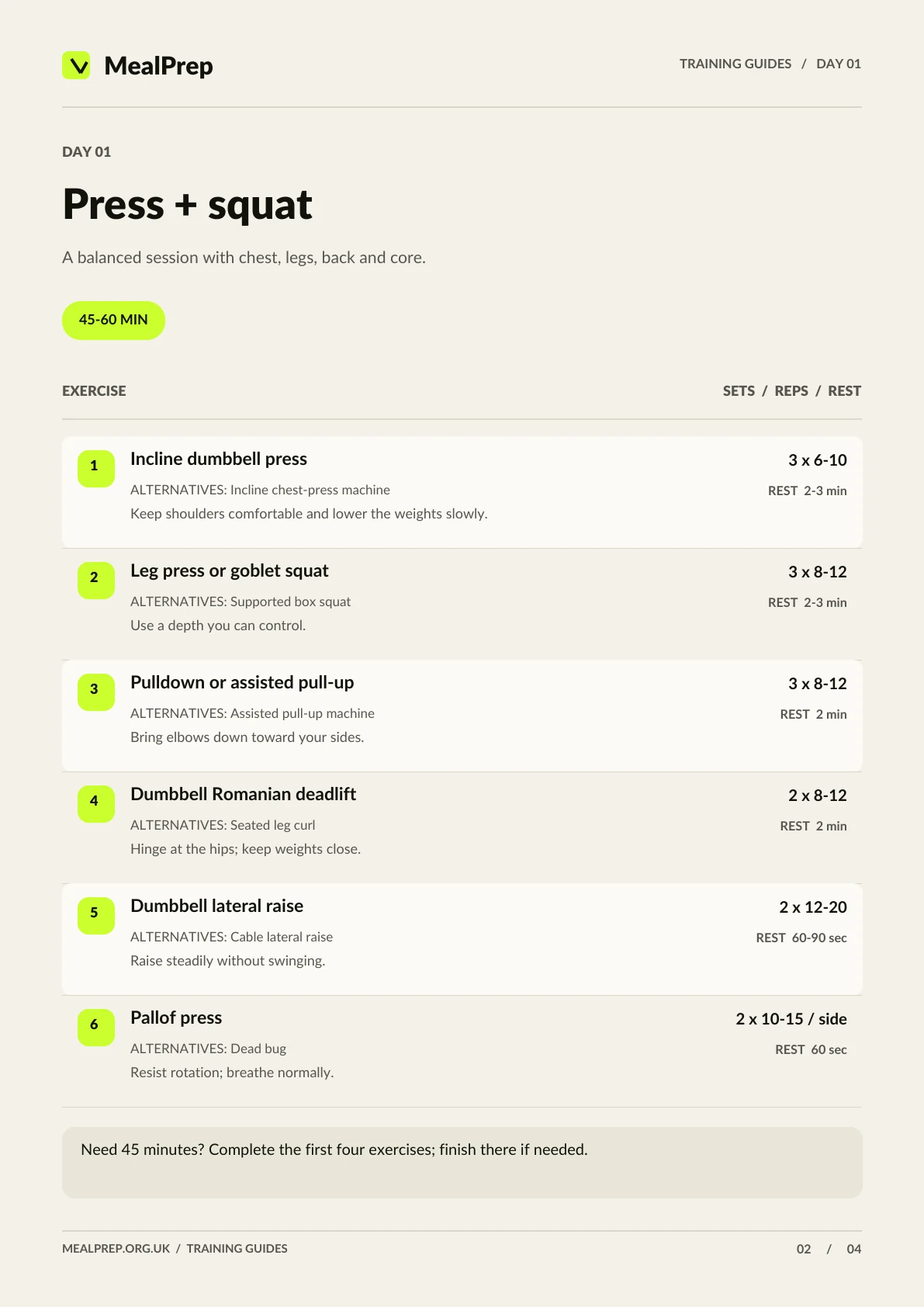 Preview of the Press and squat workout page from Full Body in Three