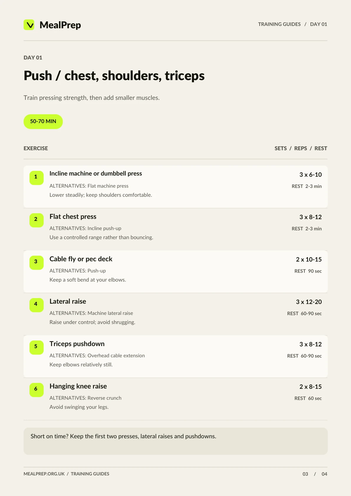 Preview of the Push workout page from Push Pull Legs, Made Simple