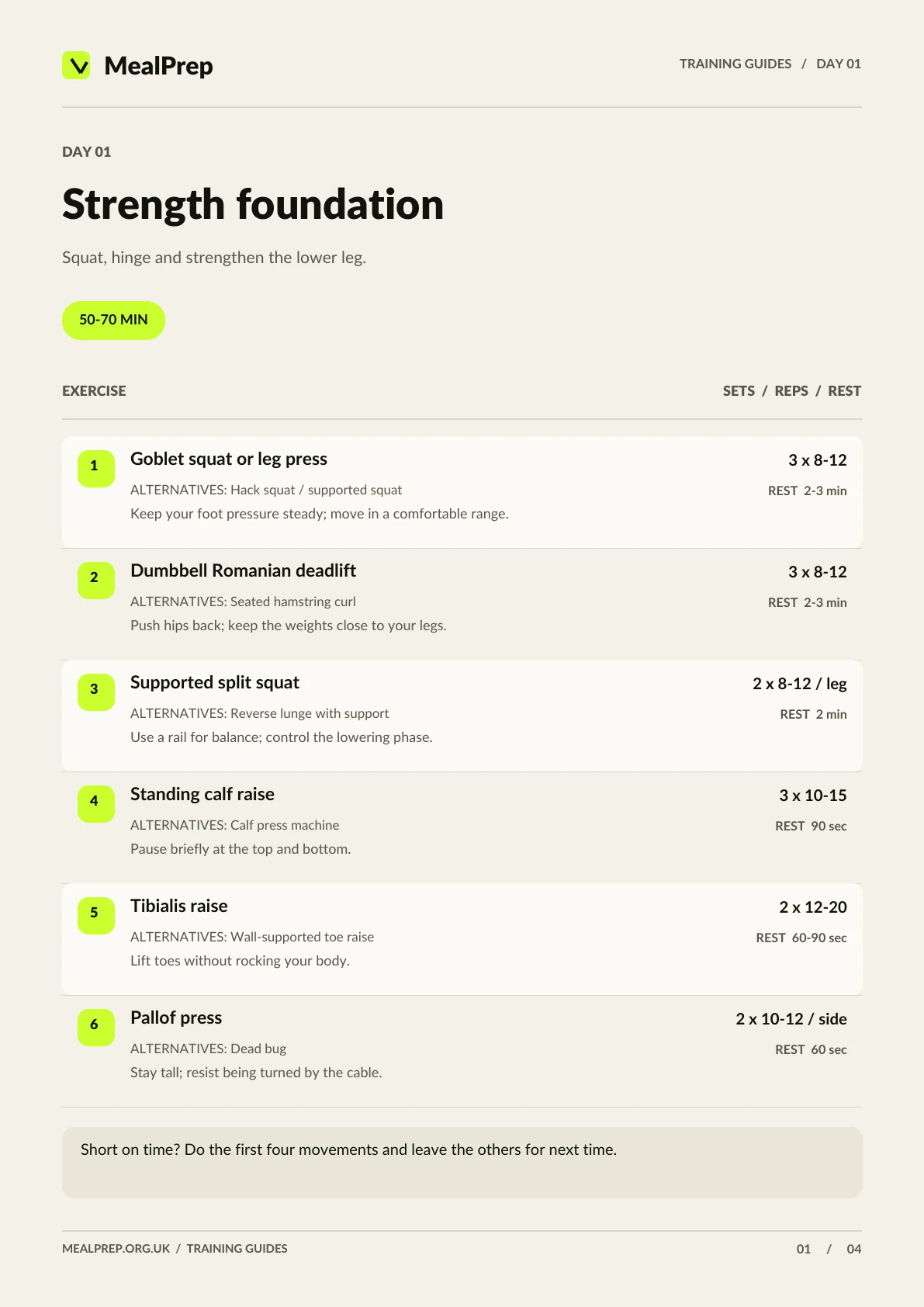 Preview of the Strength foundation workout page from Stronger Legs, Every Day