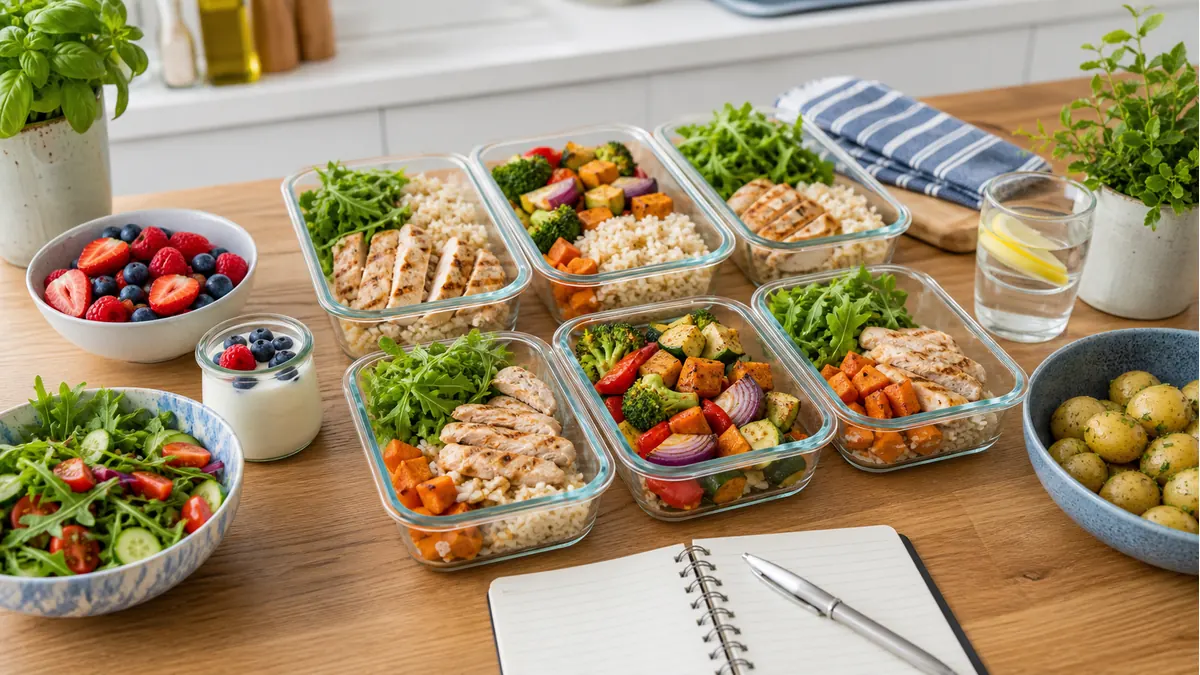 Balanced lower calorie meal prep containers with vegetables and simple supermarket ingredients