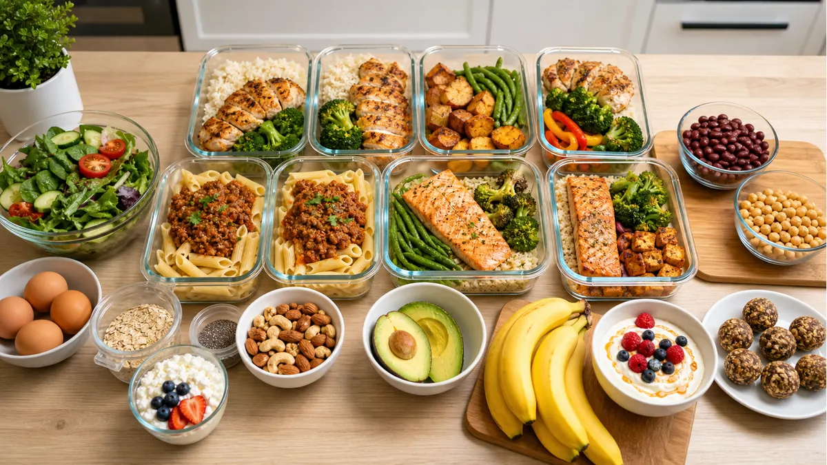 Higher calorie meal prep containers with rice, pasta, oats, nuts and protein foods