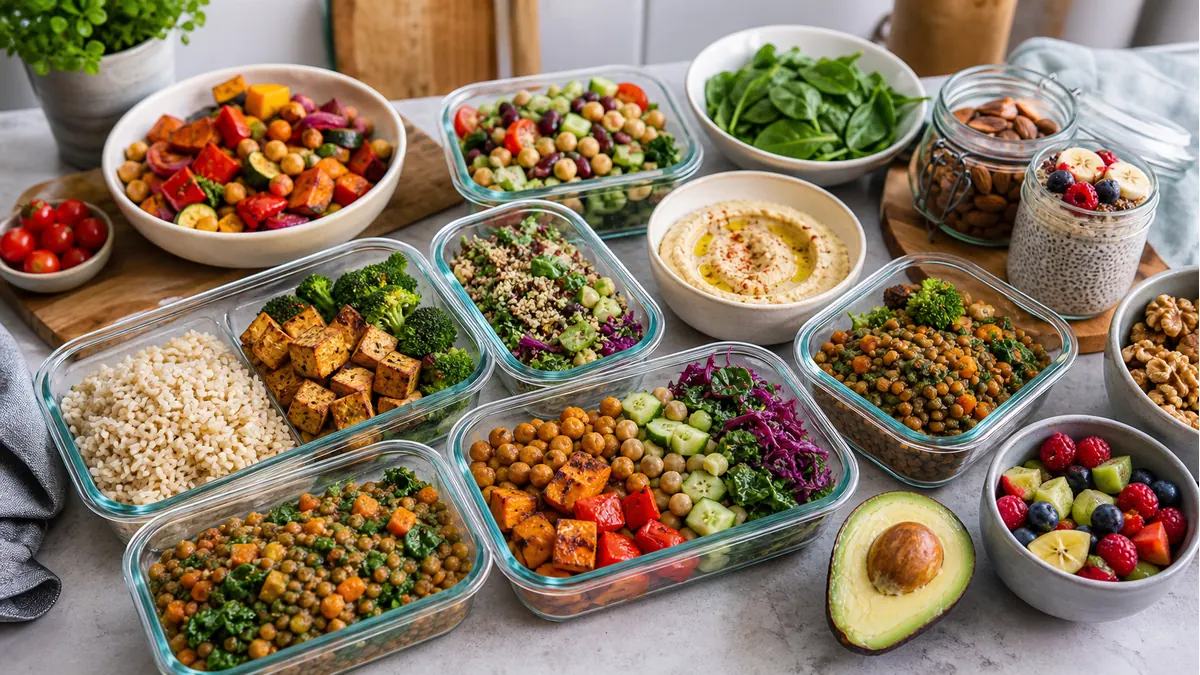 Plant-based meal prep containers with tofu, chickpeas, lentils, grains and vegetables