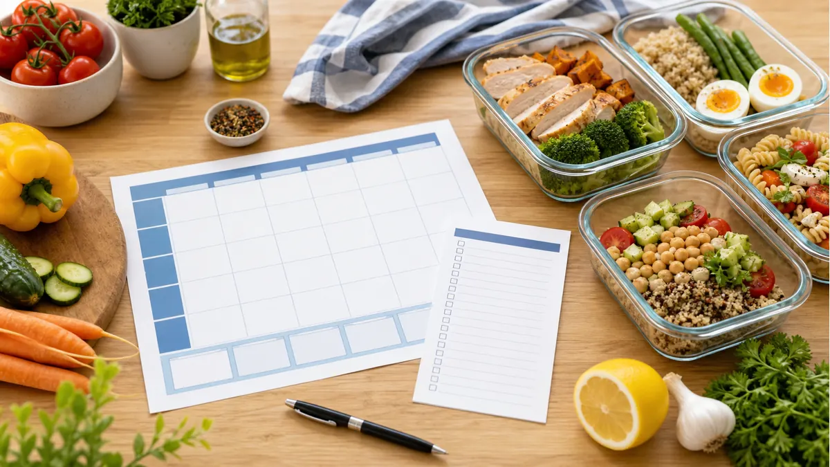 A printable weekly meal plan and shopping list beside prepared meals