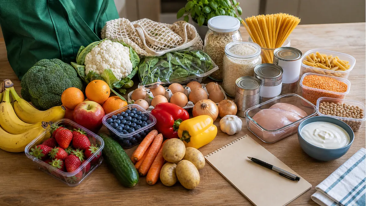 UK supermarket staples arranged for a weekly meal plan